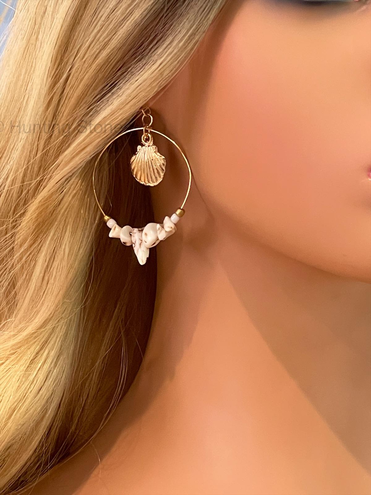 Shell Starfish Gold Hoop Howlite Earrings