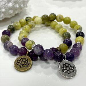 Natural Lepidolite and Serpentine Jasper lotus bracelet