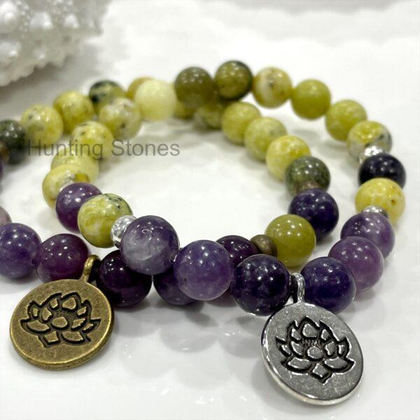 Natural Lepidolite and Serpentine Jasper lotus bracelet