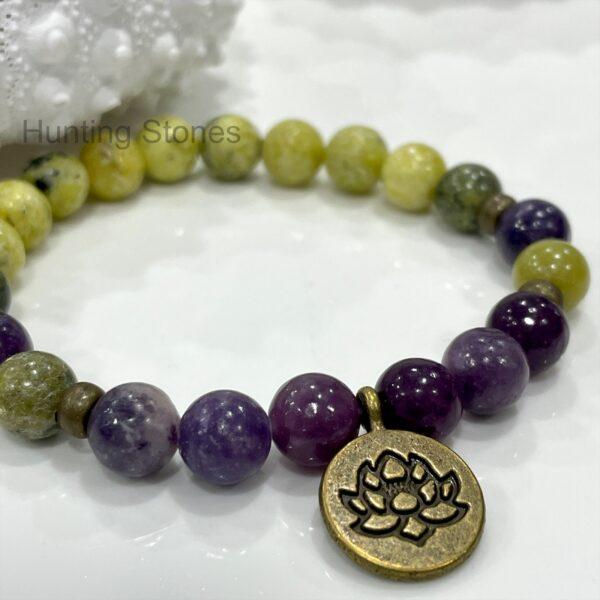 Natural Lepidolite and Serpentine Jasper lotus bracelet