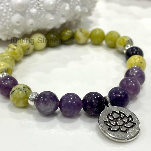 Natural Lepidolite and Serpentine Jasper lotus bracelet