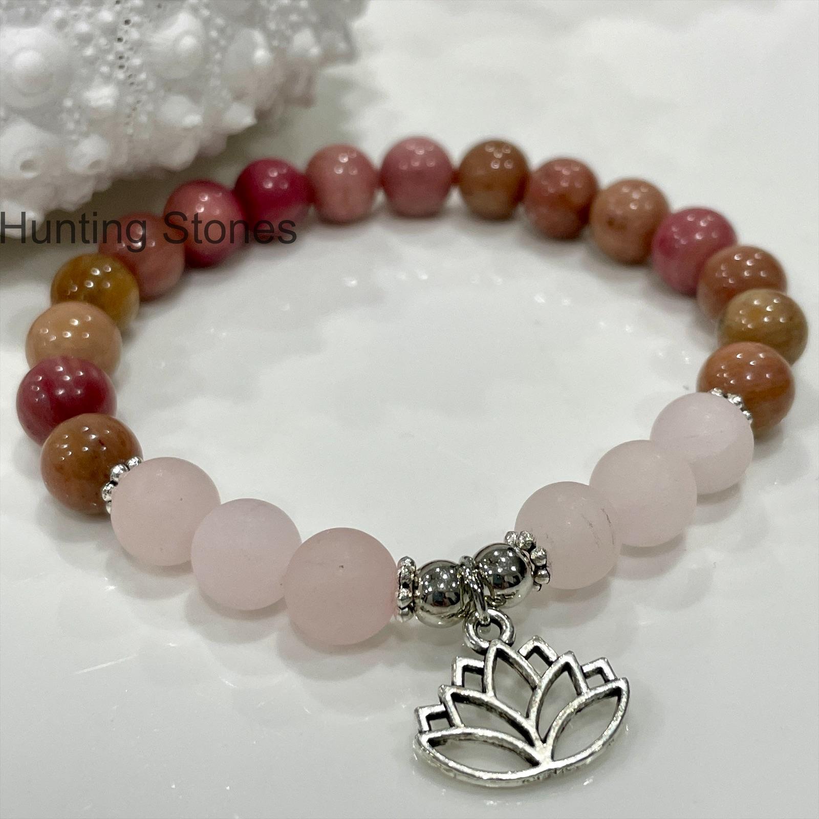 Natural Rhodonite and Rose Quartz Lotus Bracelet