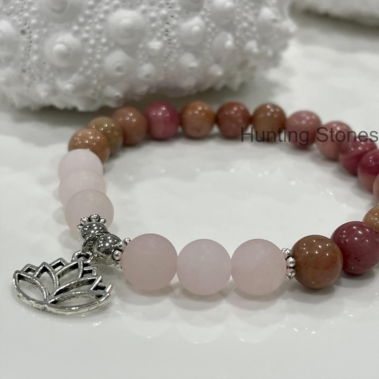 Natural Rhodonite and Rose Quartz Lotus Bracelet