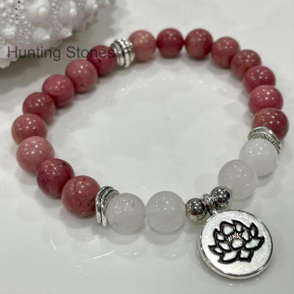 Natural Rhodonite and Snow Quartz Lotus Bracelet