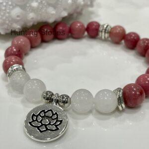 Natural Rhodonite and Snow Quartz Lotus Bracelet