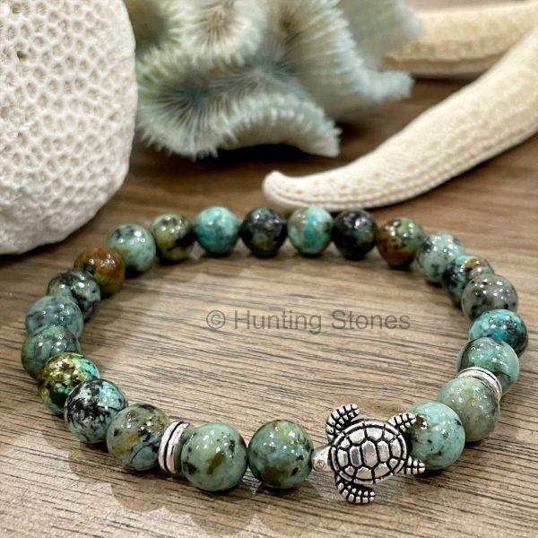 African Turquoise bracelet natural gemstone with silver turtle