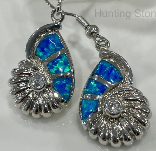Stunning Blue Fire Opal Shell Crystal Earrings Silver inlay 20mm