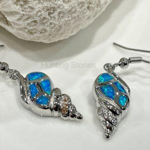 Stunning Blue Fire Opal Shell Earrings Crystals Silver inlay 22mm