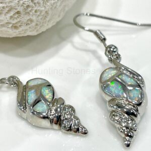 Stunning White Fire Opal Shell Crystal Earrings Silver inlay 22mm