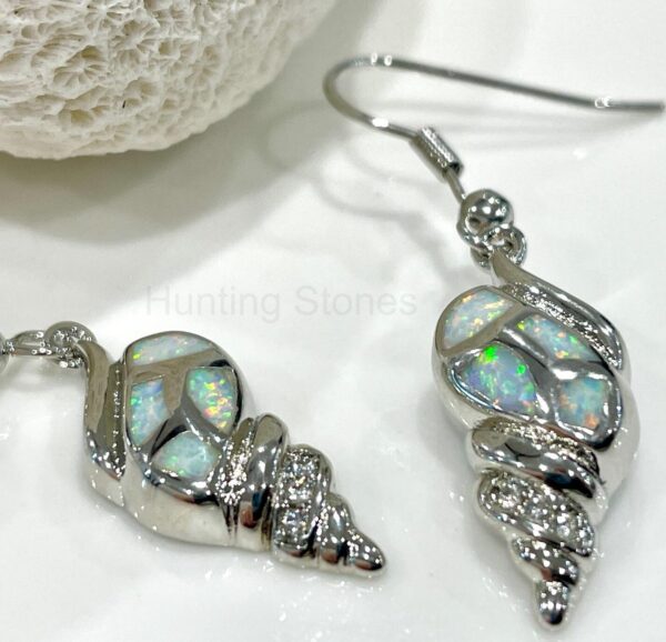 Stunning White Fire Opal Shell Crystal Earrings Silver inlay 22mm