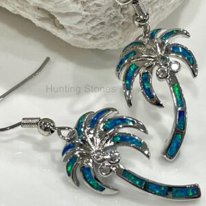 Stunning Blue Fire Opal Palm Tree Crystal Earrings Silver inlay 24mm