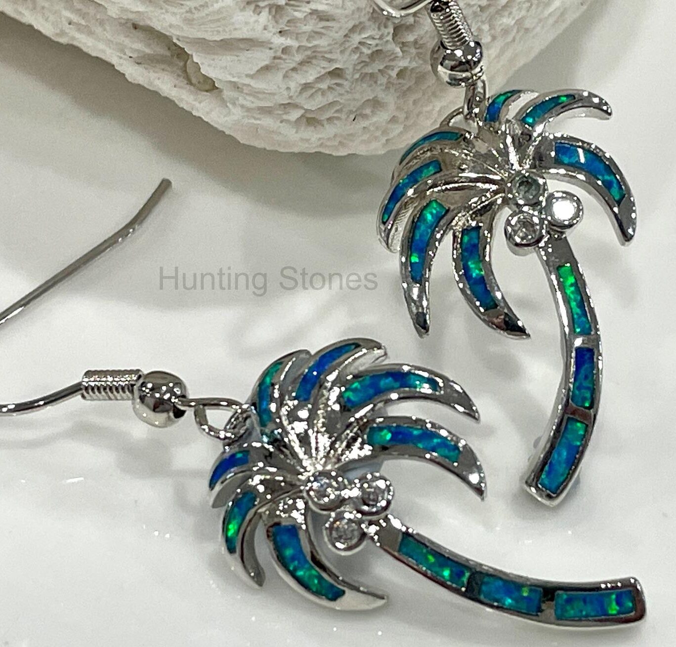 Stunning Blue Fire Opal Palm Tree Crystal Earrings Silver inlay 24mm