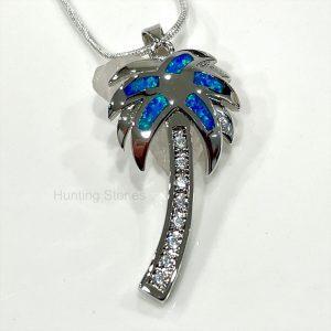 Stunning Blue Fire Opal Palm Tree with Crystals Necklace - Silver inlay  32 mm