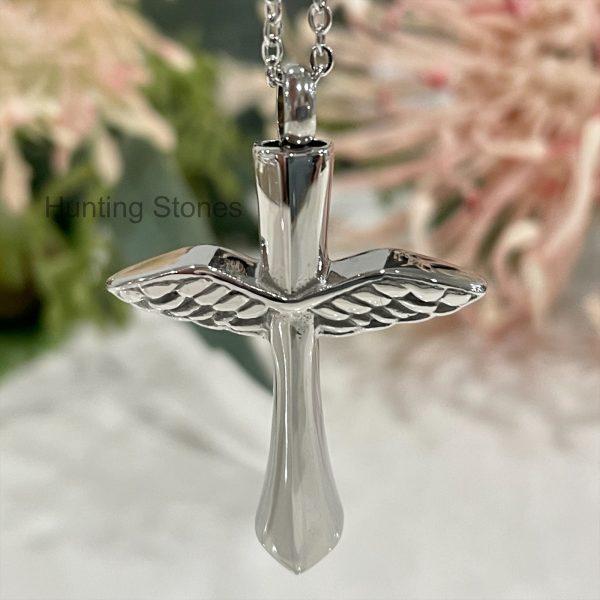 Silver Wing Cross Memorial Urn Necklace