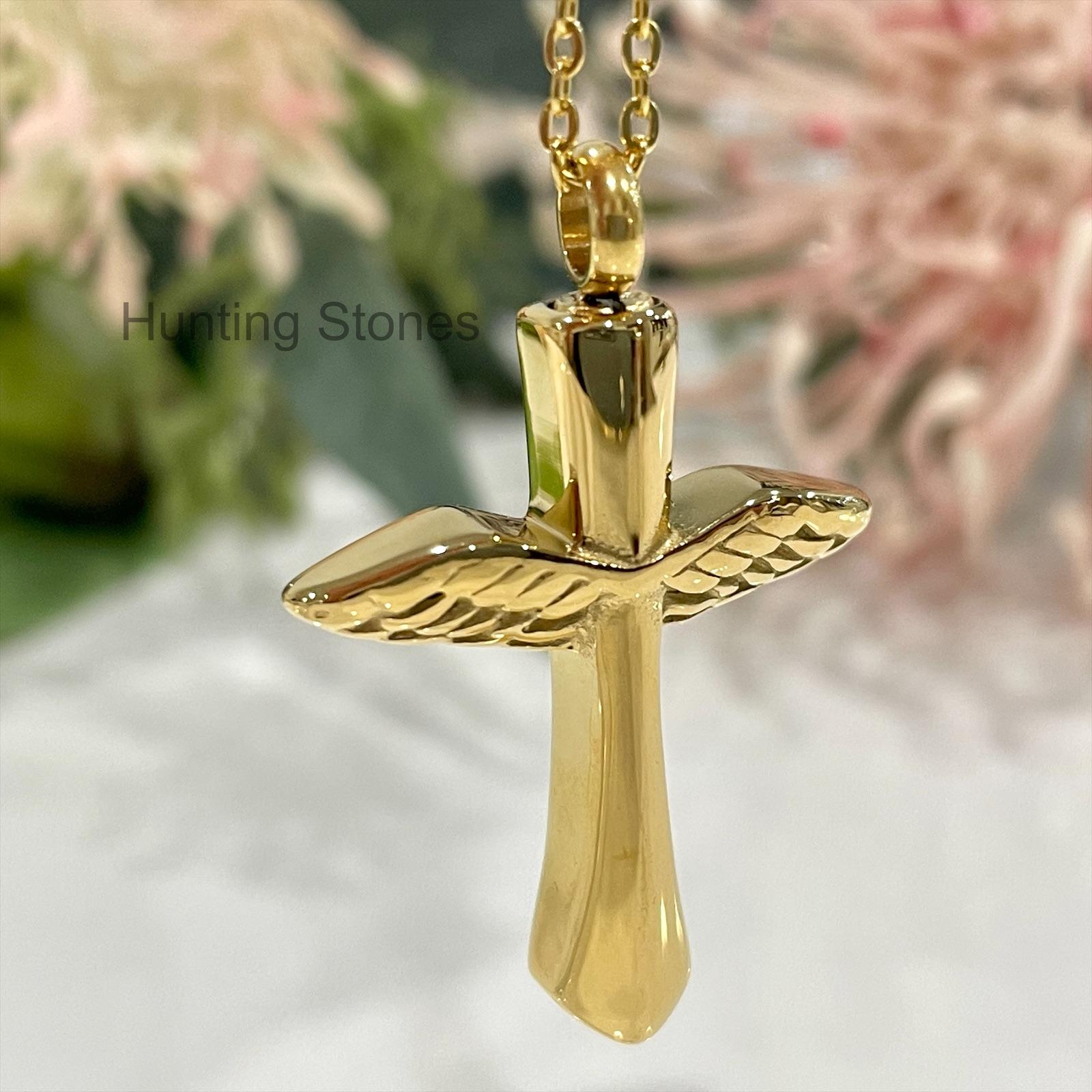 Gold Wing Cross Memorial Urn Necklace