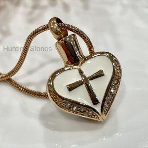 Crystal Cross Heart Memorial Cremation Ashes Urn Pendant Necklace - Stainless Steel Rose Gold 19mm