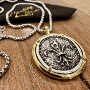 Unisex Fleur De Lis Coin Necklace - Sacred Lilly 30mm - Stainless Steel Chain