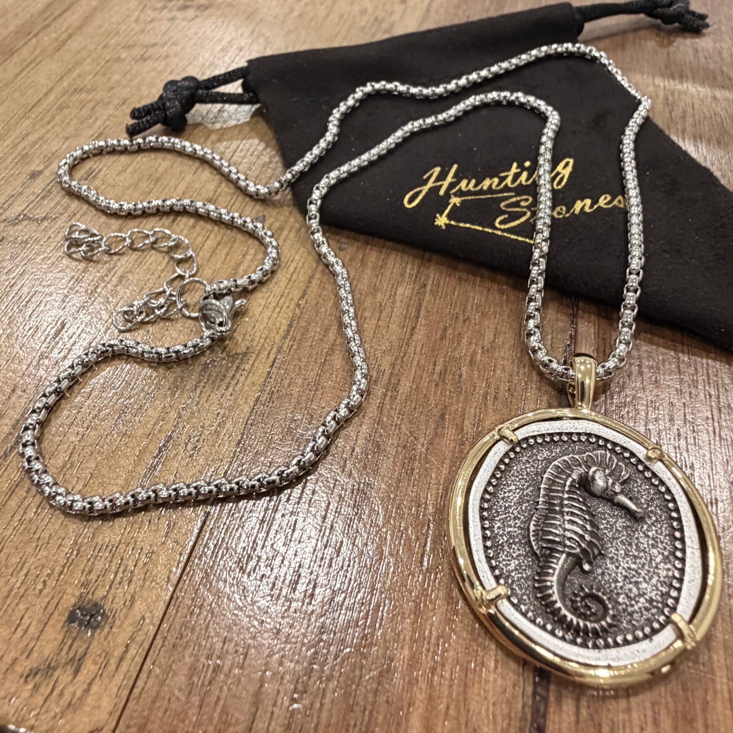 Unisex Seahorse Coin Necklace - Protection Unconditional Love Good Fortune 30mm - Stainless Steel Chain