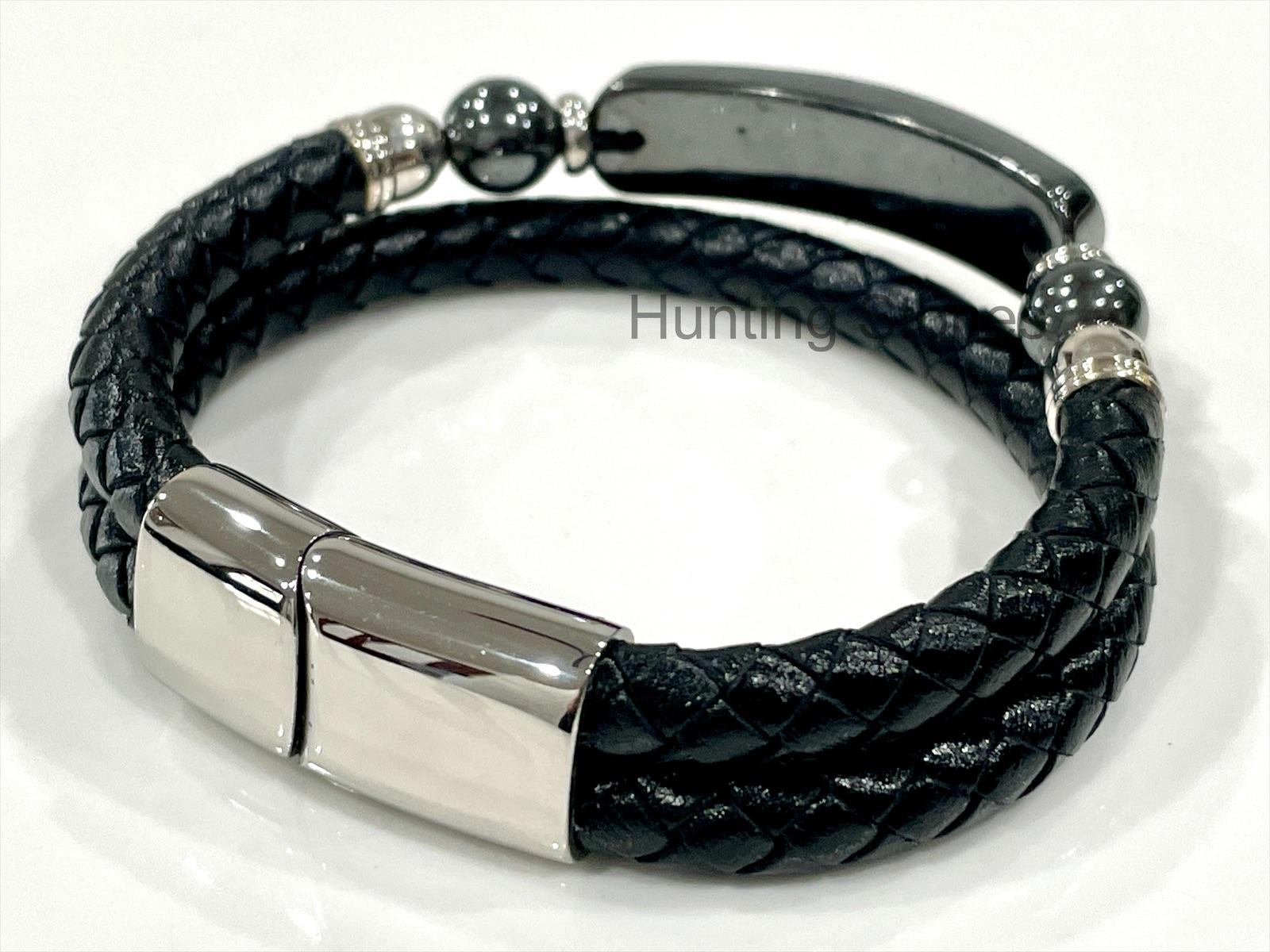 Men's Hematite and Braided Genuine Leather Bracelet - Unisex