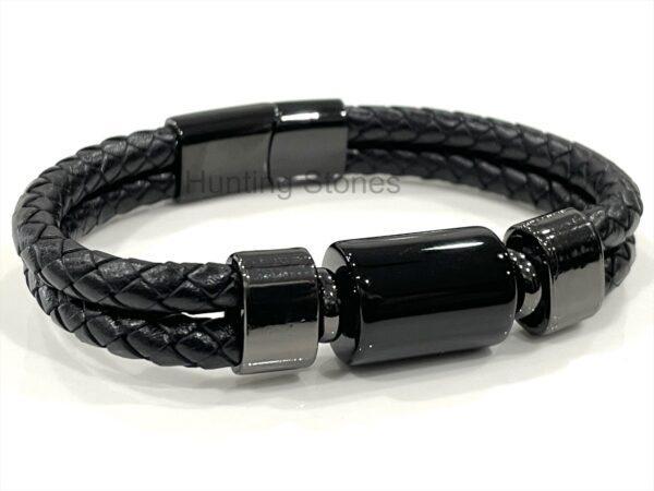 Men's Black Agate and Braided Genuine Leather Bracelet - Unisex