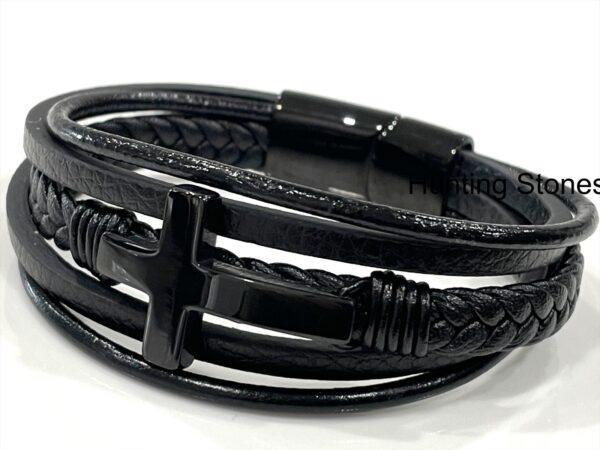 Men's Stainless Steel Cross and  Genuine Leather Bracelet - Unisex