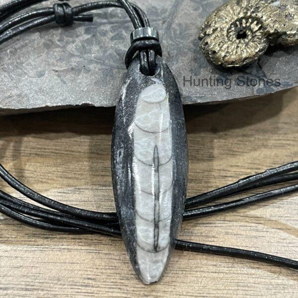 Stunning Orthoceras Fossil and Hematite necklace 6.5cm Genuine Leather