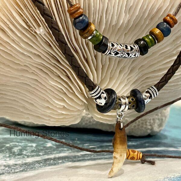 Unisex Wolf Tooth Brown Braided Double Layer Necklace
