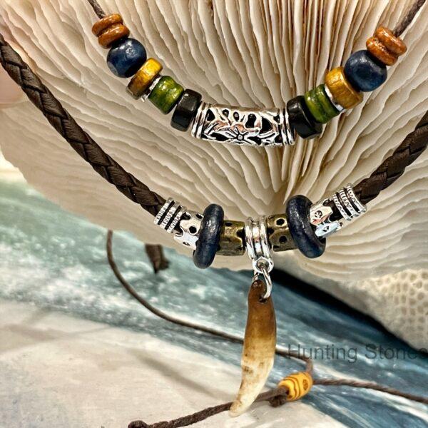 Unisex Wolf Tooth Brown Braided Double Layer Necklace