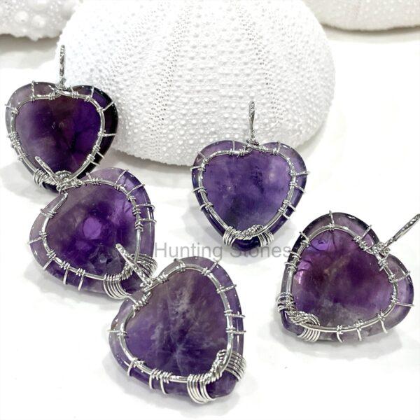 Amethyst Tree of Life Heart Natural Crystal Leather Necklace