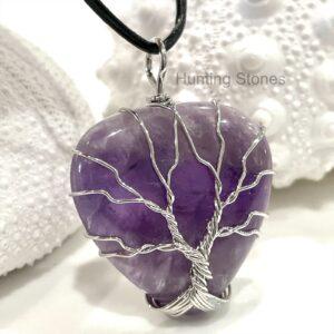 Amethyst Tree of Life Heart Natural Crystal Leather Necklace