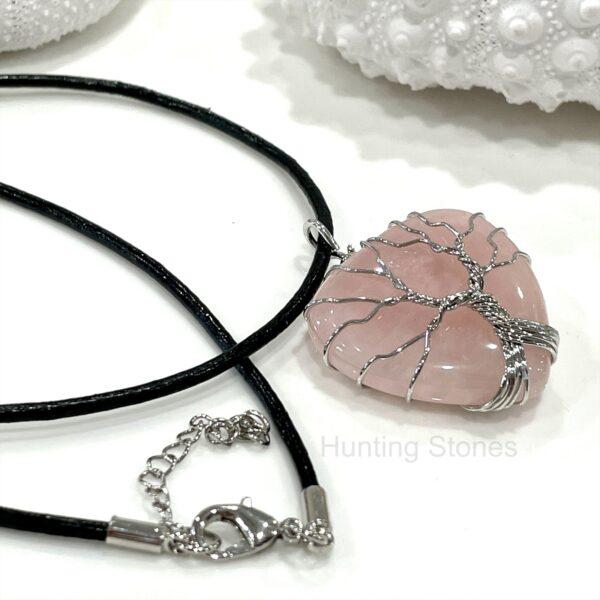 Rose Quartz Tree of Life Heart Natural Crystal Leather Necklace