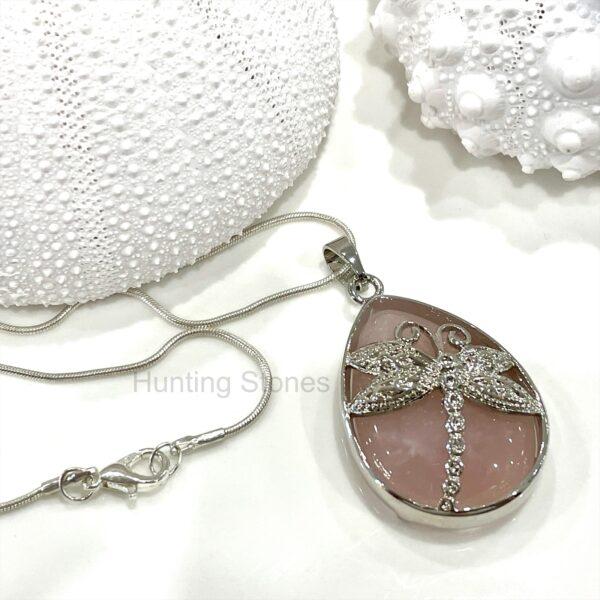 Rose Quartz Dragonfly Natural Crystal Necklace