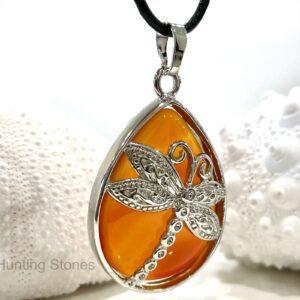 Carnelian Dragonfly Natural Crystal Leather Necklace