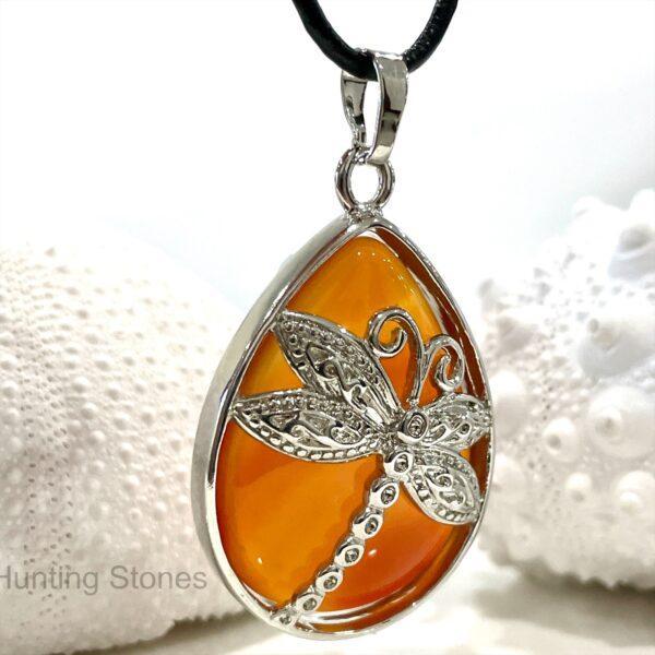Carnelian Dragonfly Natural Crystal Leather Necklace