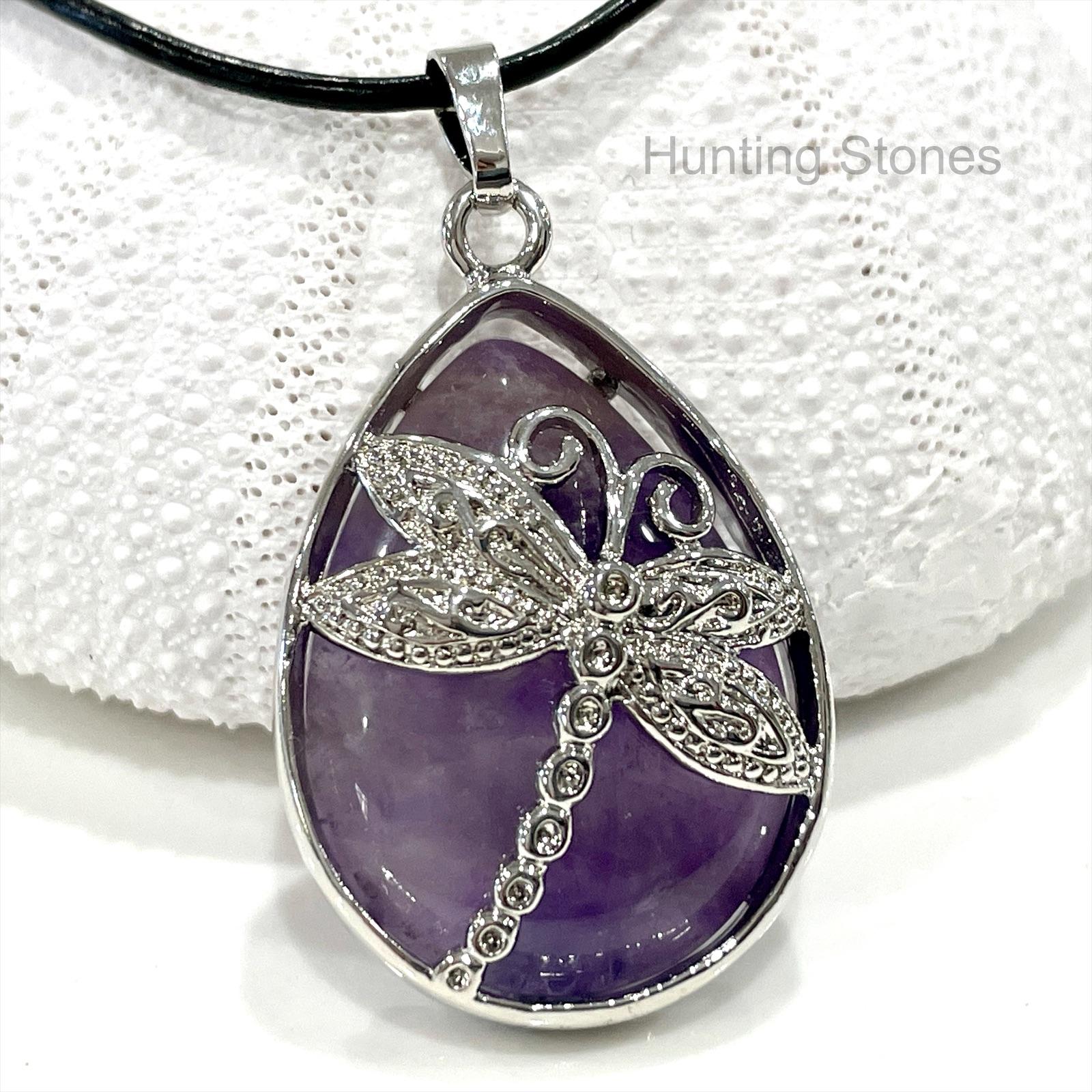 Amethyst Dragonfly Natural Crystal Leather Necklace