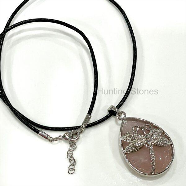 Rose Quartz Dragonfly Natural Crystal Leather Necklace