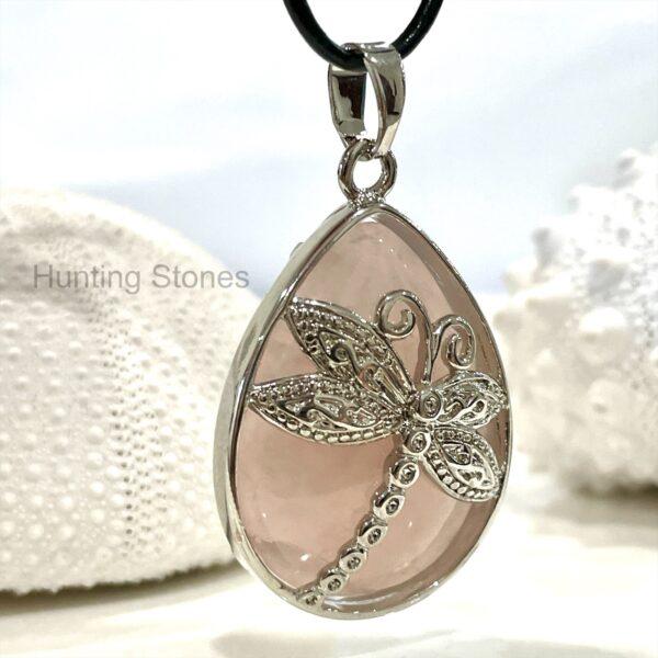 Rose Quartz Dragonfly Natural Crystal Leather Necklace