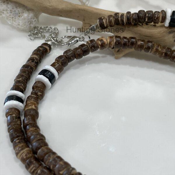 Unisex Natural Coconut Shell and Wood Heishi Bead Necklace