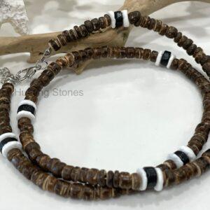 Unisex Natural Coconut Shell and Wood Heishi Bead Necklace