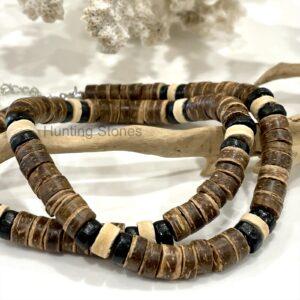 Unisex Natural Coconut Shell and Wood Heishi Bead Necklace