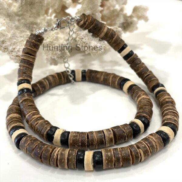 Unisex Natural Coconut Shell and Wood Heishi Bead Necklace