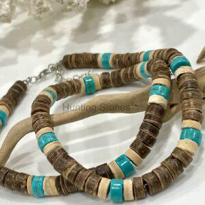 Unisex Natural Coconut Shell and Turquoise Howlite Heishi Bead Necklace