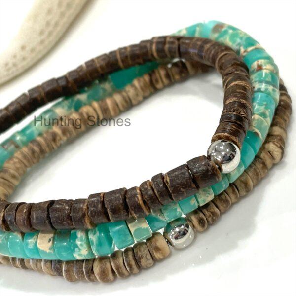 Unisex Natural Coconut Shell and Sea Sediment Imperial Jasper Bracelet Set