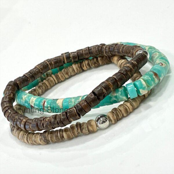 Unisex Natural Coconut Shell and Sea Sediment Imperial Jasper Bracelet Set