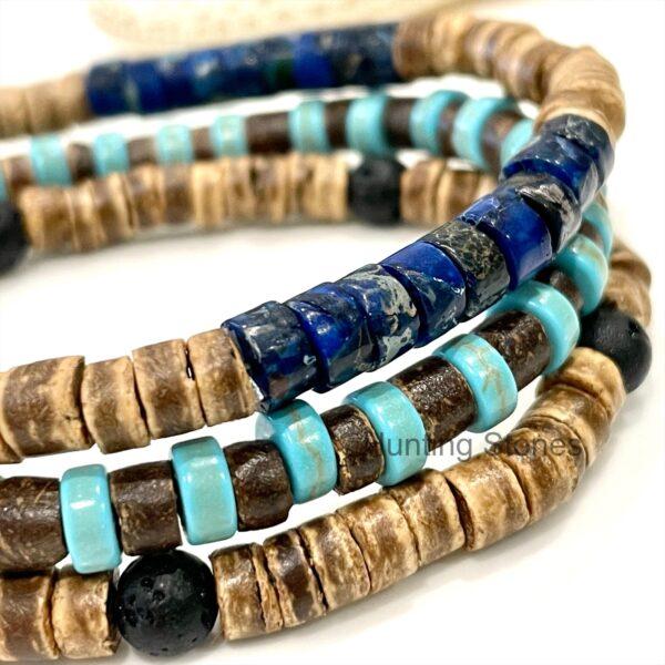 Unisex Natural Coconut Shell and Sea Sediment Imperial Jasper Bracelet Set