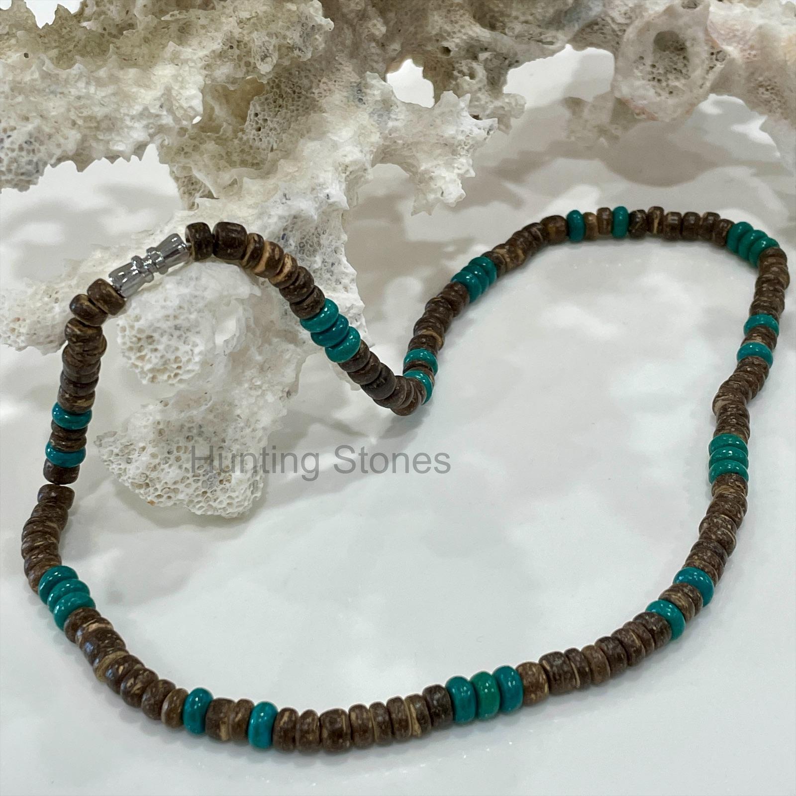 Unisex Natural Coconut Shell and Teal Bead Necklace
