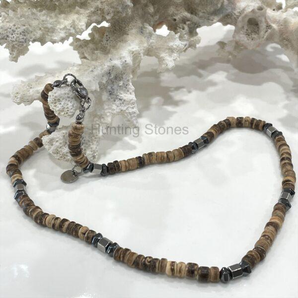 Unisex Natural Coconut Shell and Hematite Bead Necklace