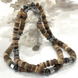 Unisex Natural Coconut Shell and Hematite Bead Necklace