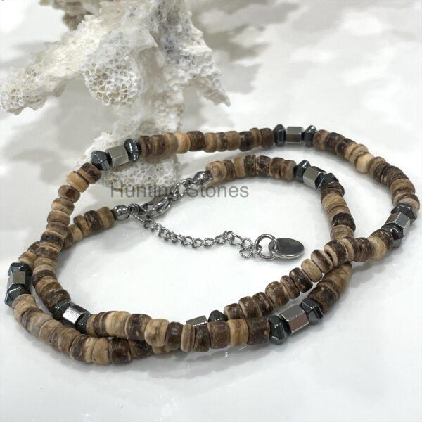 Unisex Natural Coconut Shell and Hematite Bead Necklace