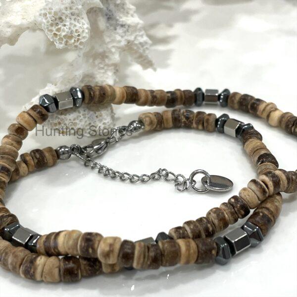 Unisex Natural Coconut Shell and Hematite Bead Necklace